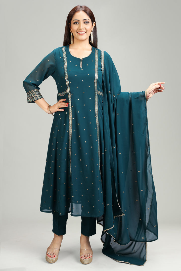 Teal Georgette A Line Embroidered Kurta Pant Suit Set