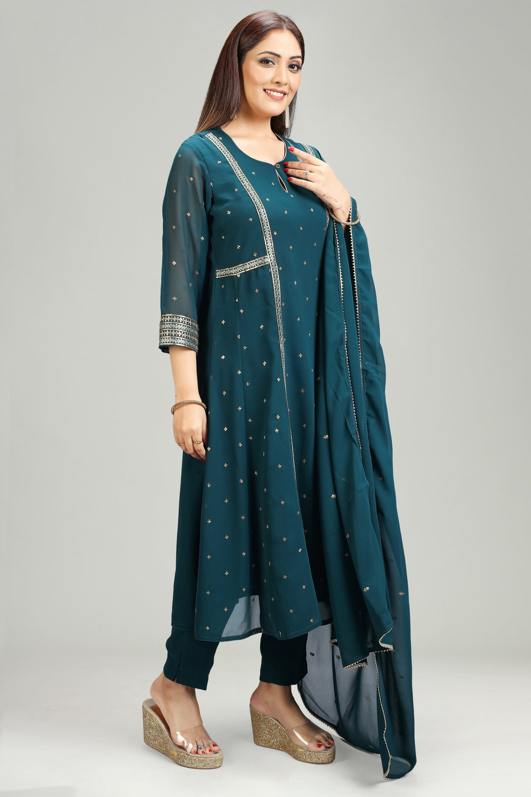 Teal Georgette A Line Embroidered Kurta Pant Suit Set