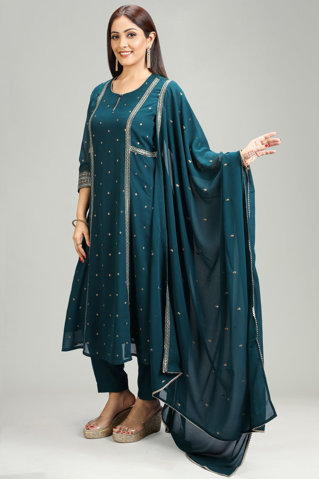 Teal Georgette A Line Embroidered Kurta Pant Suit Set