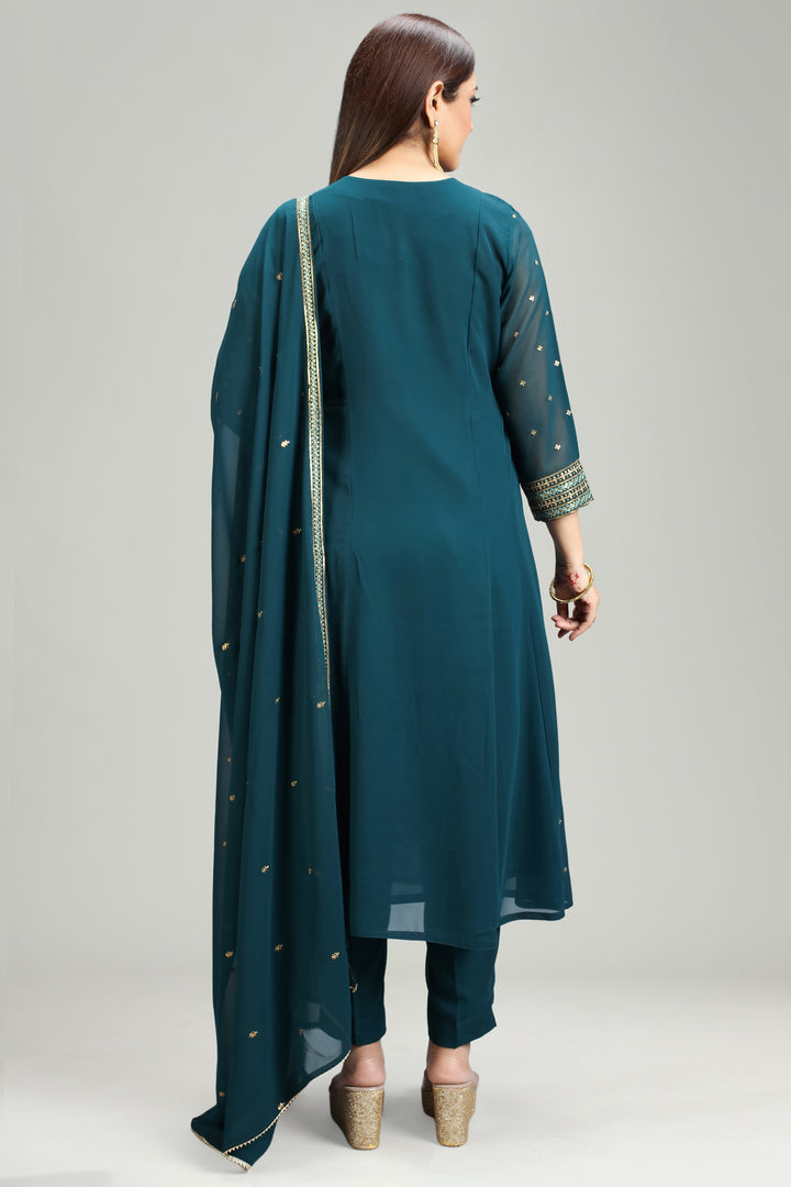 Teal Georgette A Line Embroidered Kurta Pant Suit Set