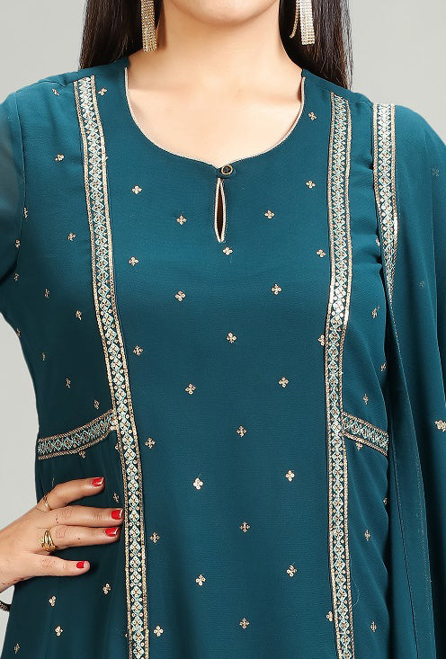 Teal Georgette A Line Embroidered Kurta Pant Suit Set