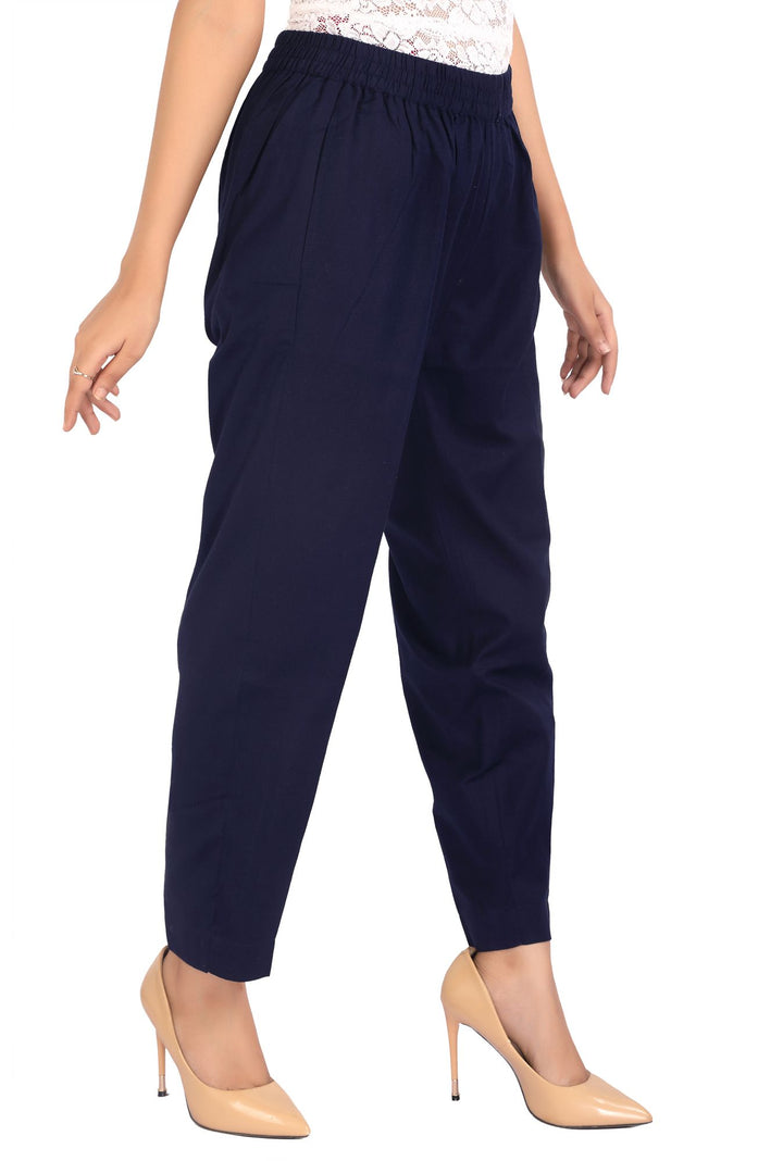 Navy Blue Solid Cotton Pant