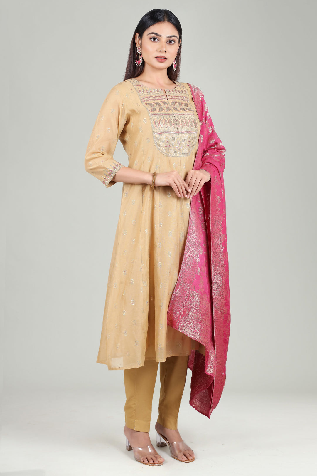 Beige Chanderi A Line Embroidered Kurta Pant Suit Set