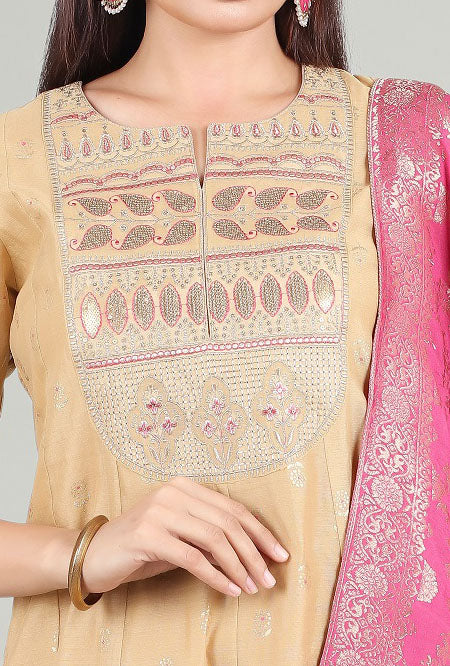 Beige Chanderi A Line Embroidered Kurta Pant Suit Set