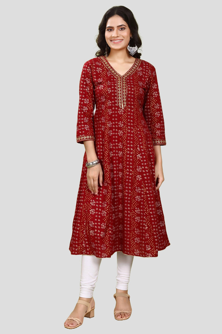 Maroon Jaipuri Cotton A Line Printed Kurta