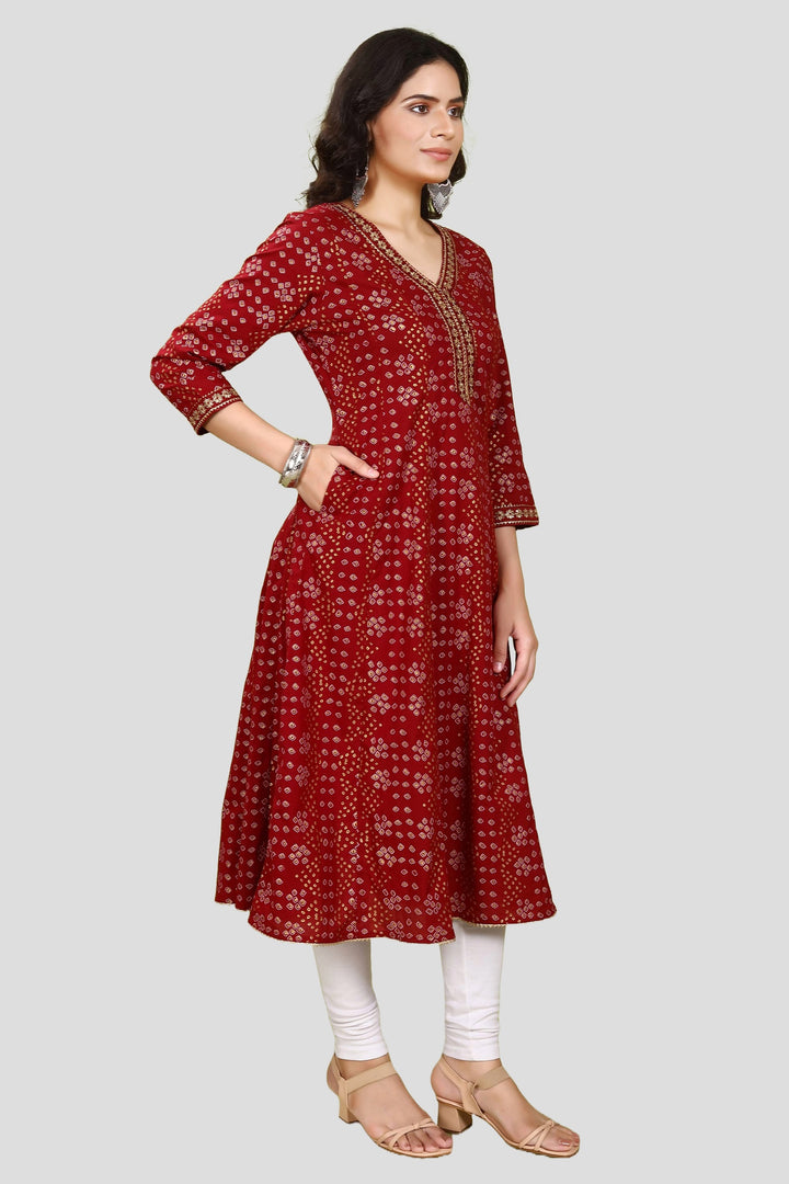 Maroon Jaipuri Cotton A Line Printed Kurta