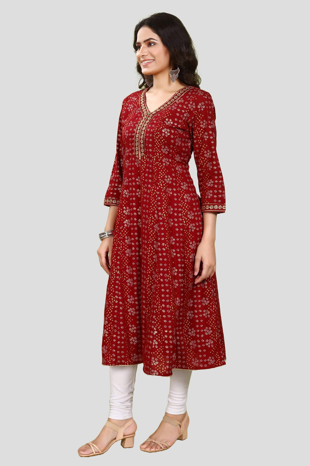 Maroon Jaipuri Cotton A Line Printed Kurta