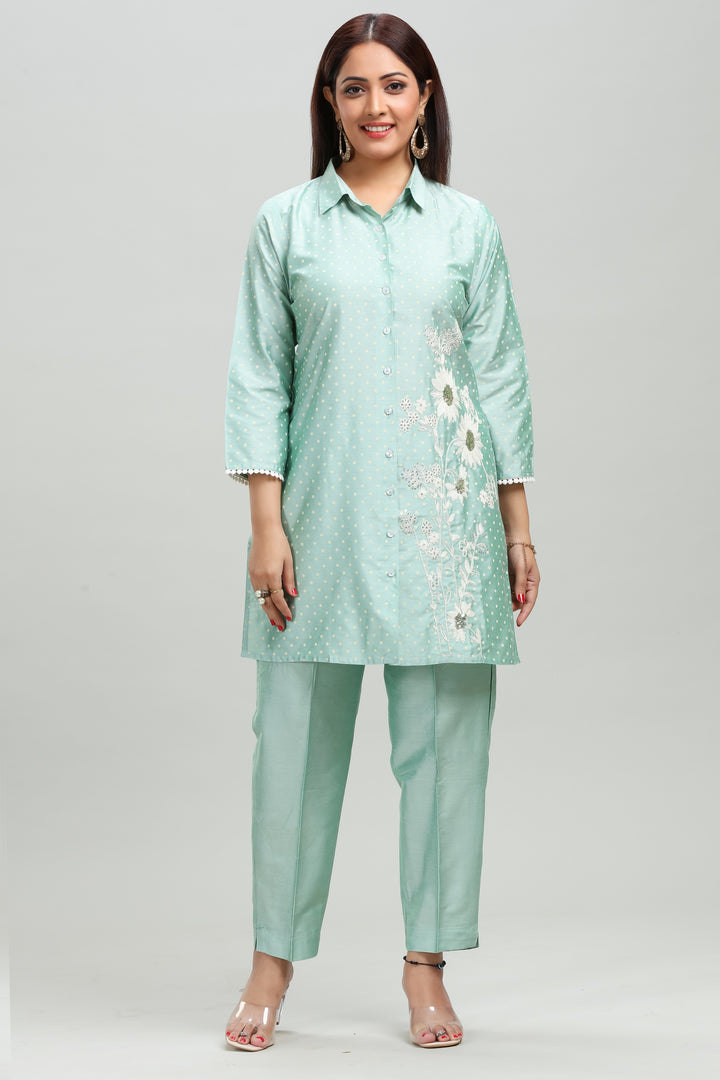 Mint Green PolySilk Straight Embroidered Kurta Pant Co ord Set