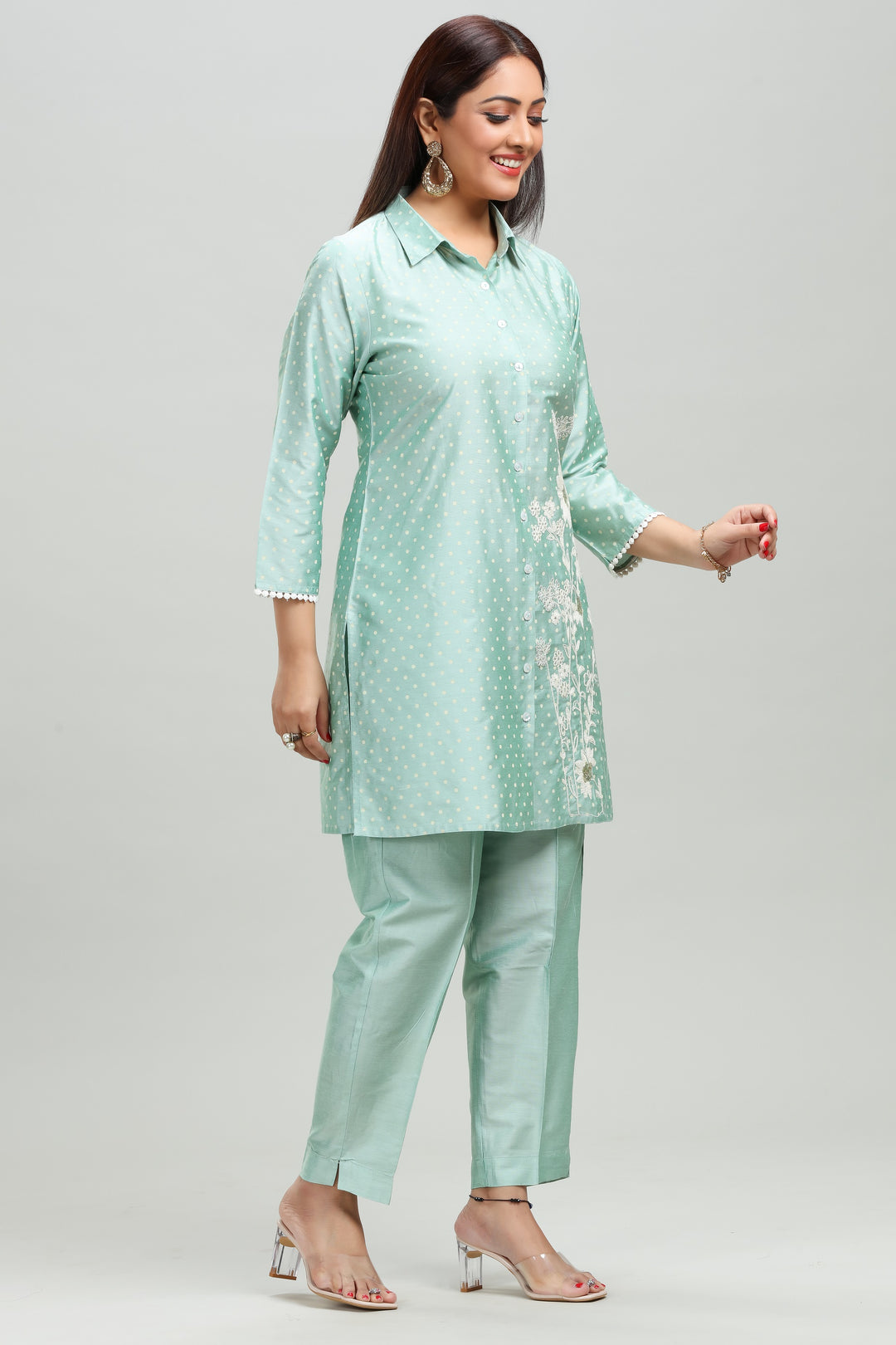 Mint Green PolySilk Straight Embroidered Kurta Pant Co ord Set