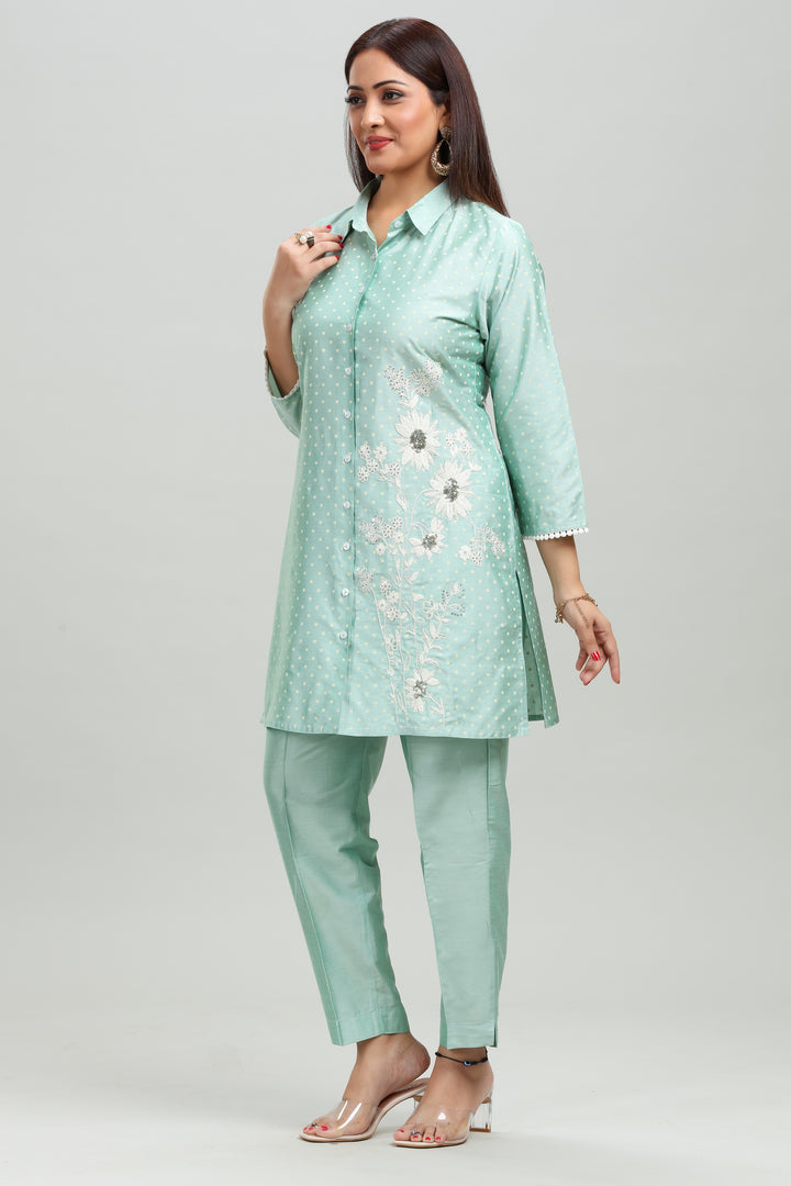 Mint Green PolySilk Straight Embroidered Kurta Pant Co ord Set