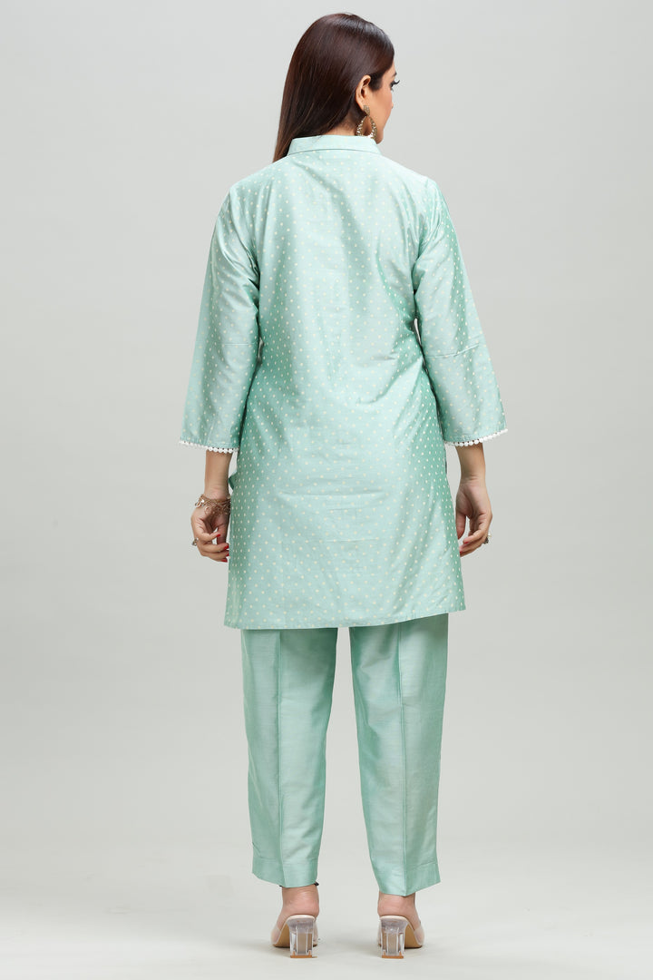 Mint Green PolySilk Straight Embroidered Kurta Pant Co ord Set