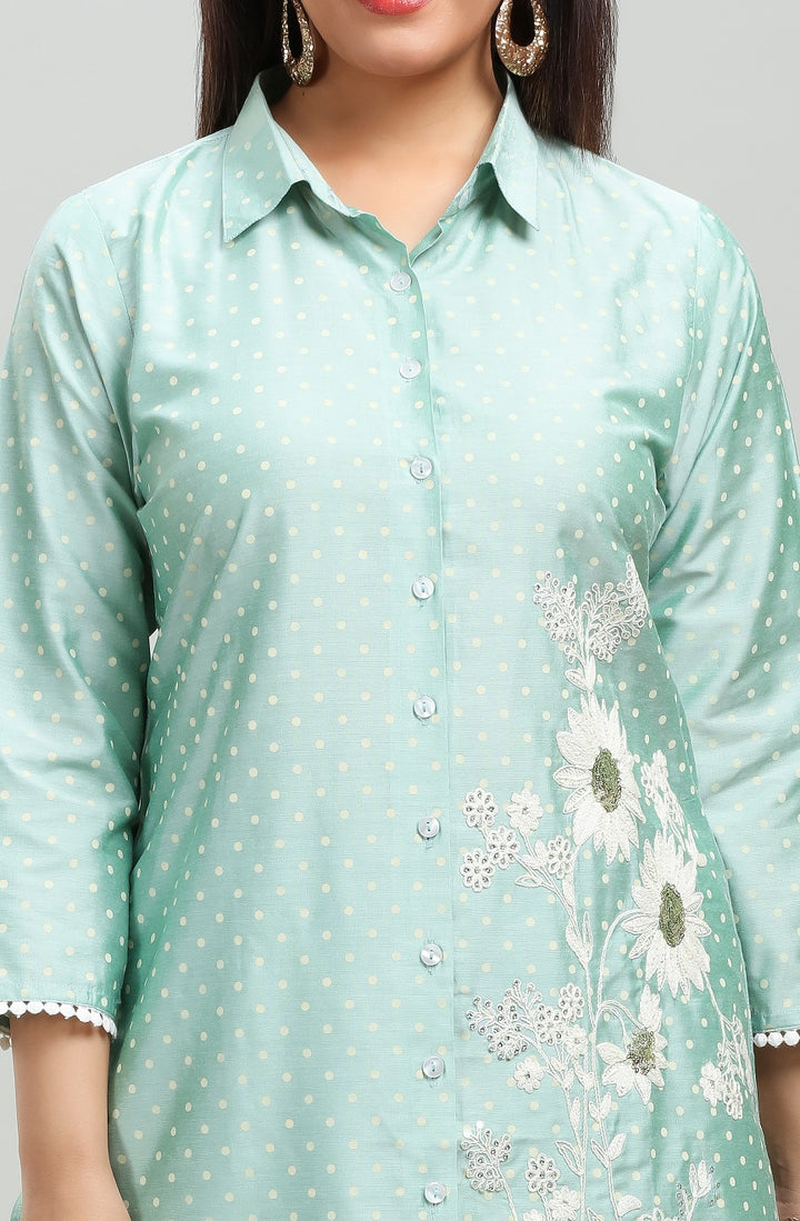 Mint Green PolySilk Straight Embroidered Kurta Pant Co ord Set