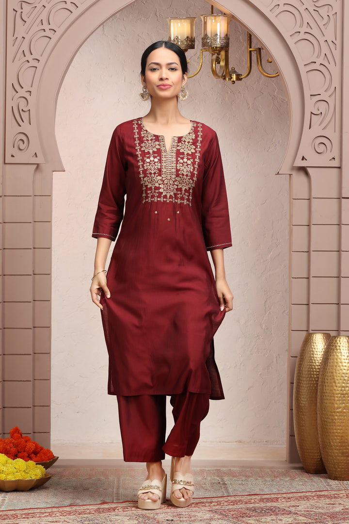 Maroon Roman Silk Embroidered Straight Kurta Pant Co ord Set