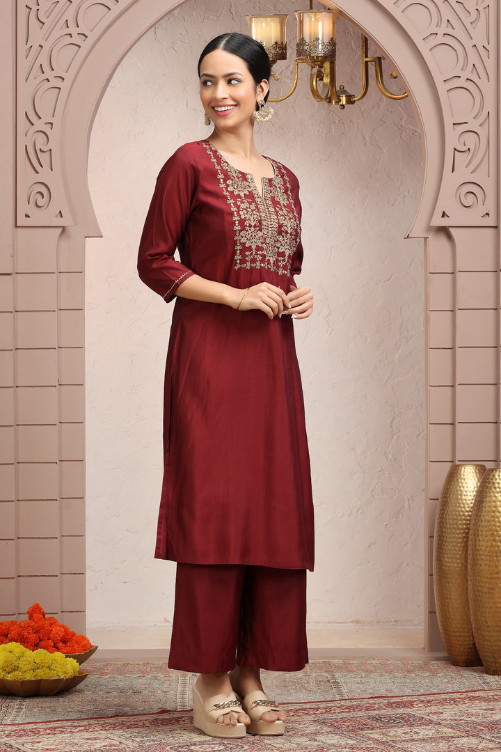 Maroon Roman Silk Embroidered Straight Kurta Pant Co ord Set