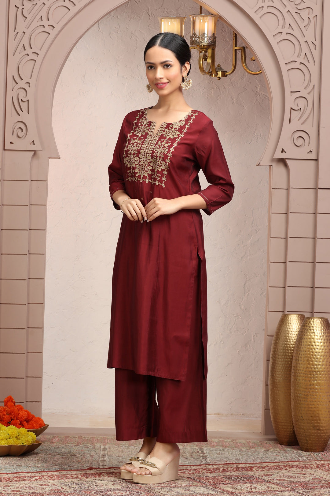 Maroon Roman Silk Embroidered Straight Kurta Pant Co ord Set