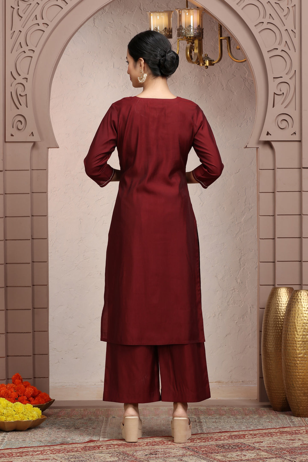 Maroon Roman Silk Embroidered Straight Kurta Pant Co ord Set