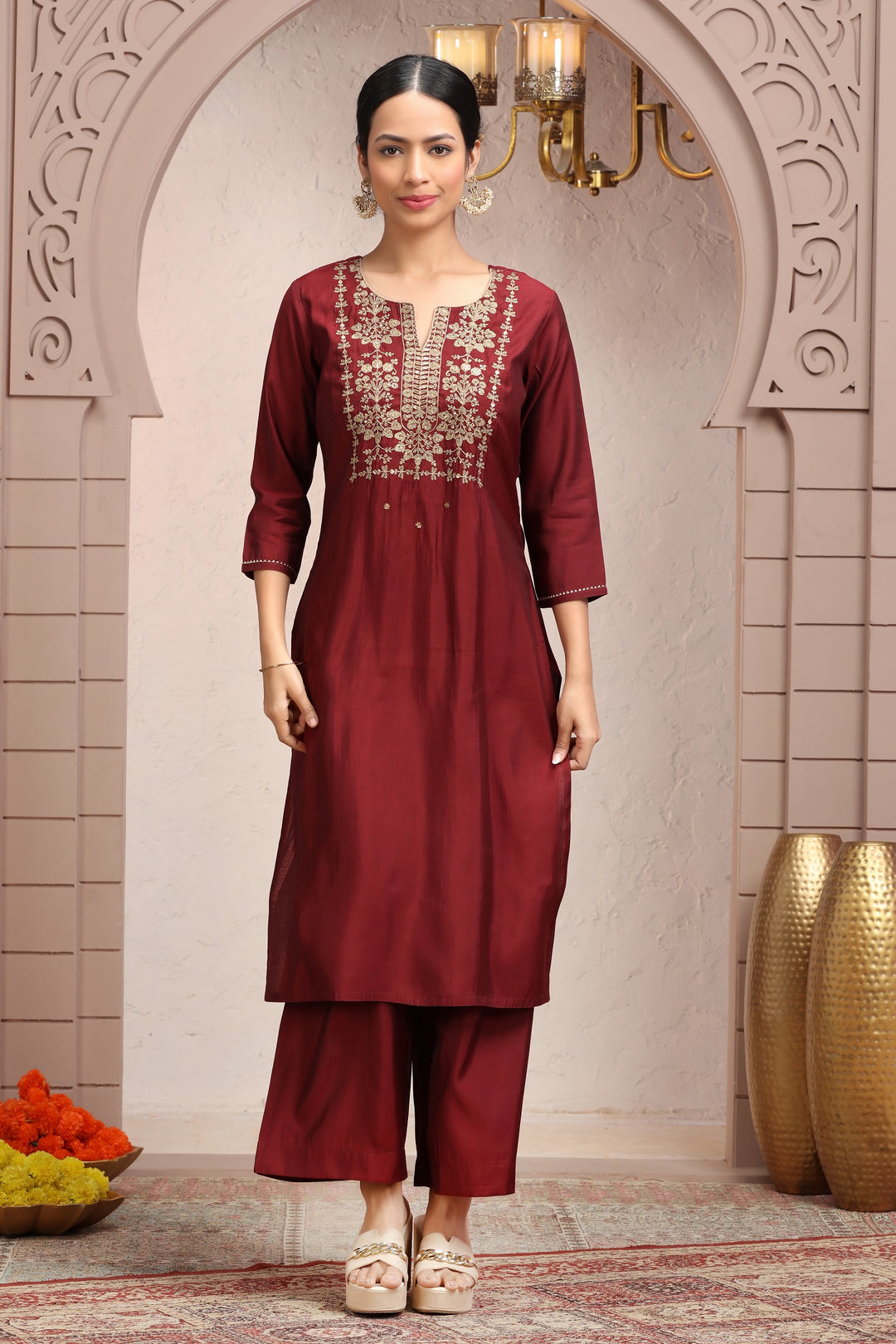 Maroon Roman Silk Embroidered Straight Kurta Pant Co ord Set