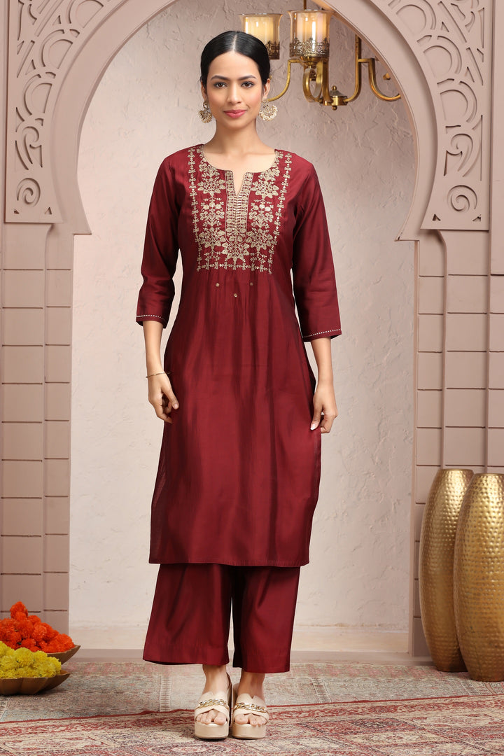 Maroon Roman Silk Embroidered Straight Kurta Pant Co ord Set