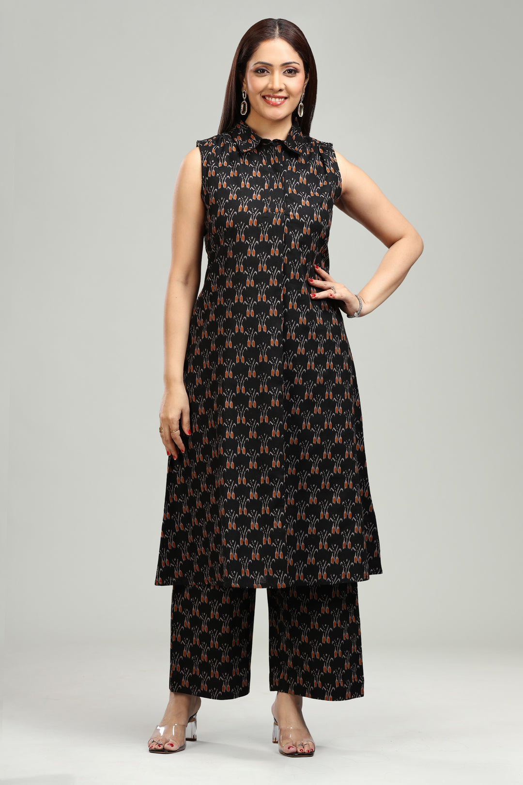 Black Flax Cotton A Line Printed Kurta Pant Co ord Set