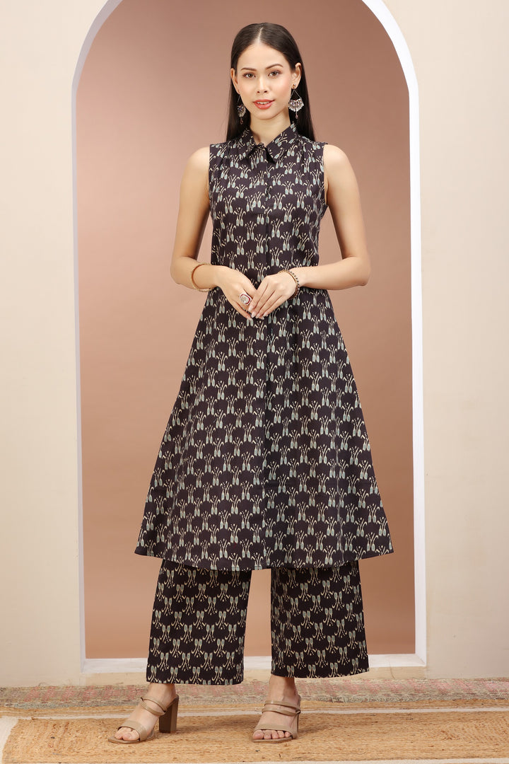 Black Flax Cotton Printed A Line Kurta Pant Co ord Set