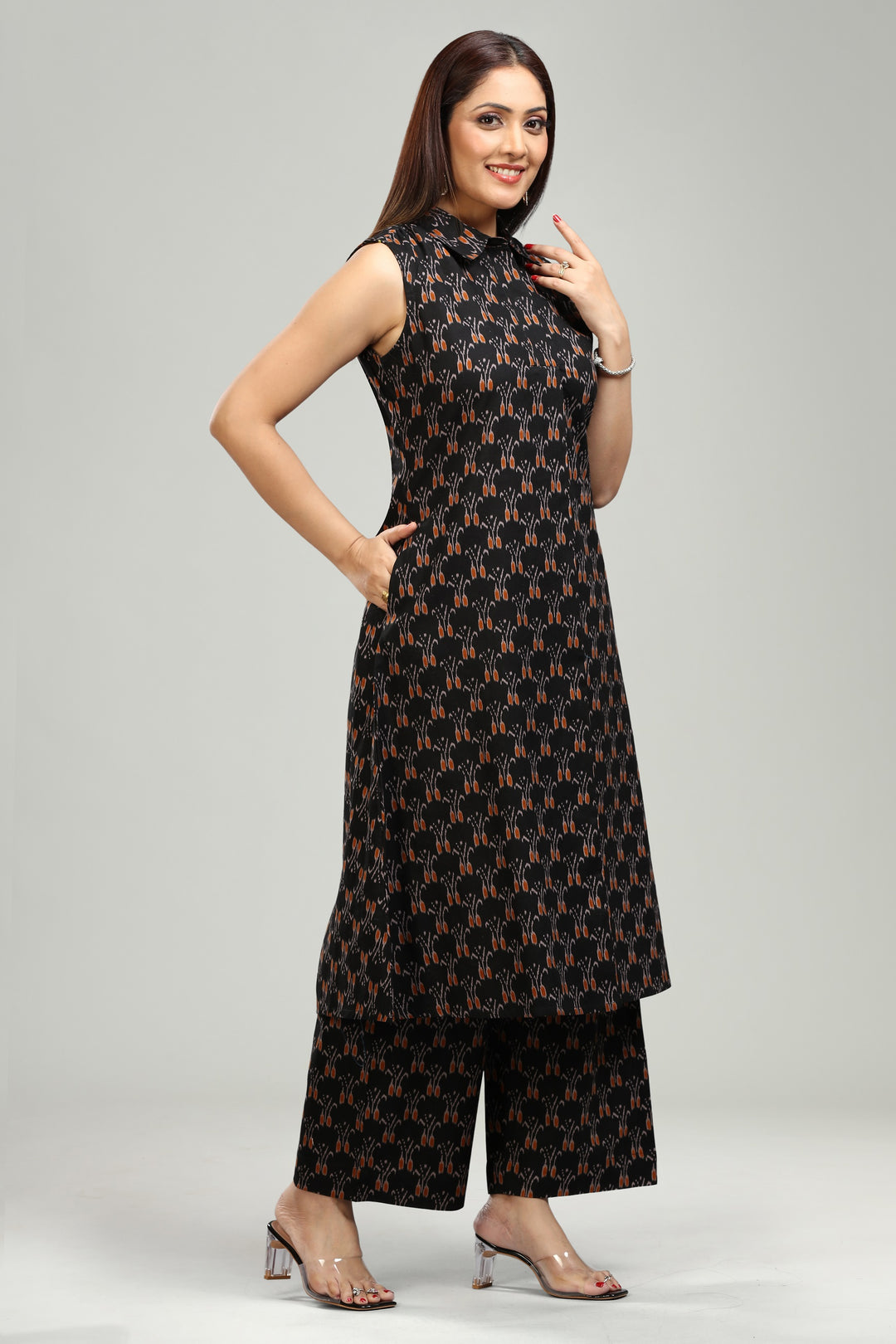 Black Flax Cotton A Line Printed Kurta Pant Co ord Set