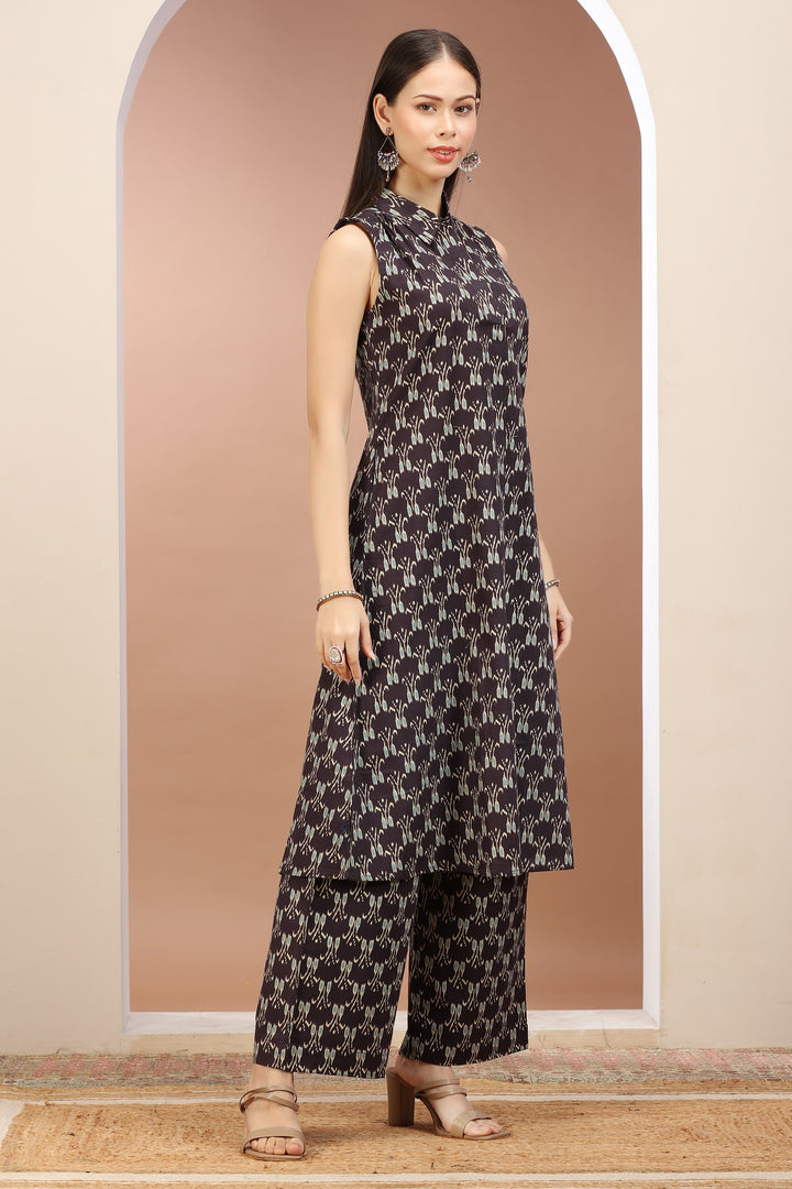 Black Flax Cotton Printed A Line Kurta Pant Co ord Set