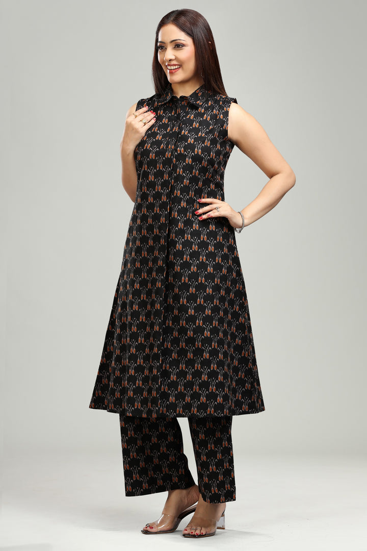 Black Flax Cotton A Line Printed Kurta Pant Co ord Set