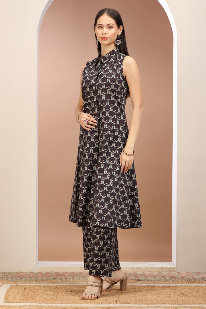 Black Flax Cotton Printed A Line Kurta Pant Co ord Set