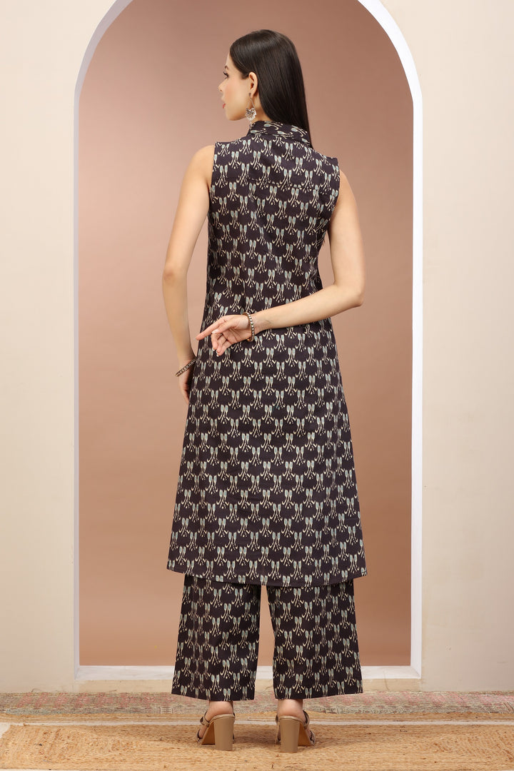 Black Flax Cotton Printed A Line Kurta Pant Co ord Set