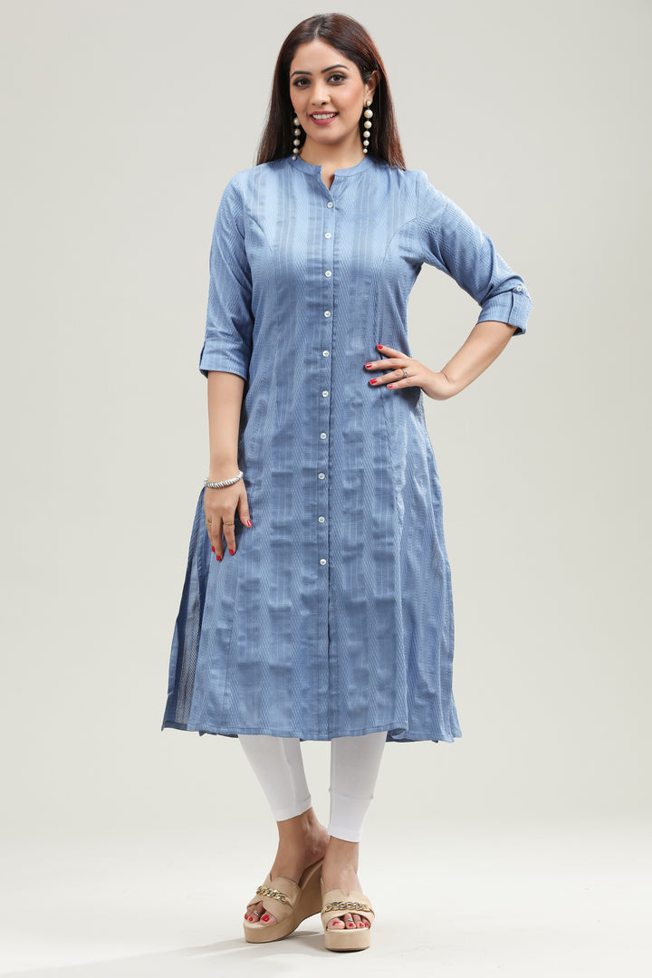 Blue Cotton A line Solid Kurta