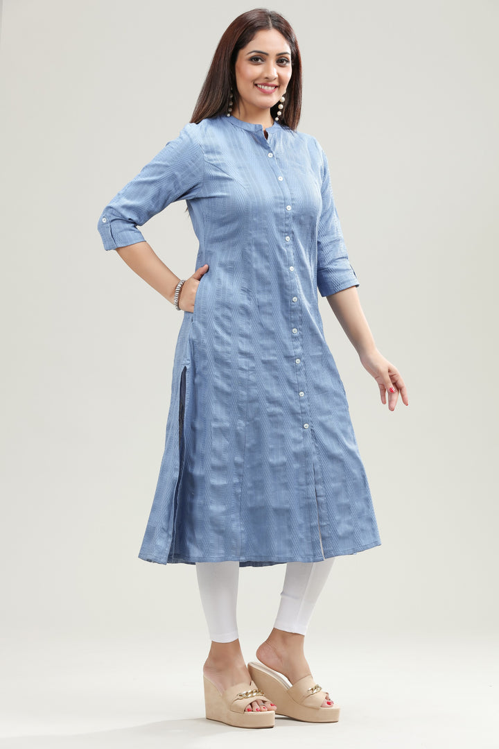 Blue Cotton A line Solid Kurta