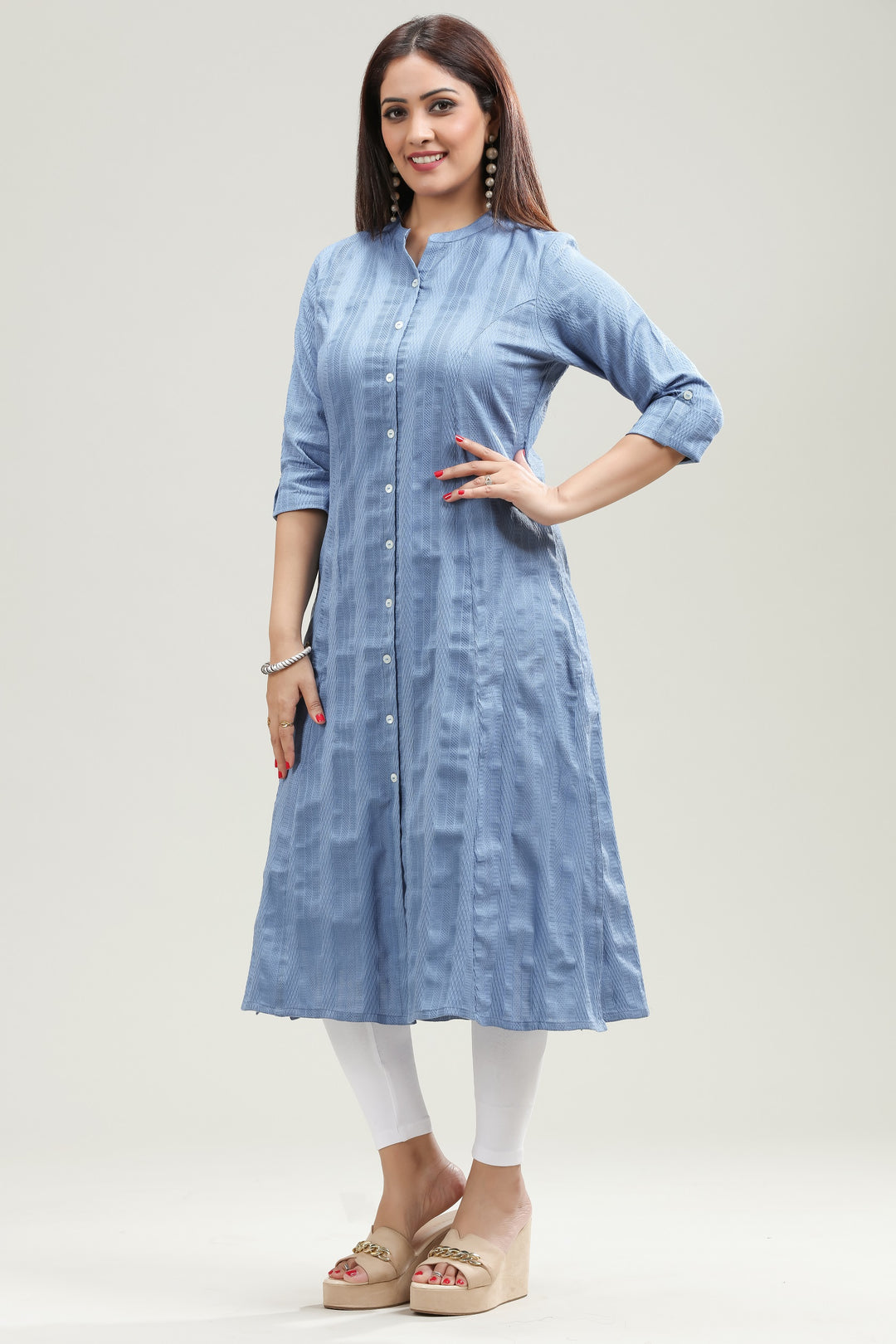 Blue Cotton A line Solid Kurta