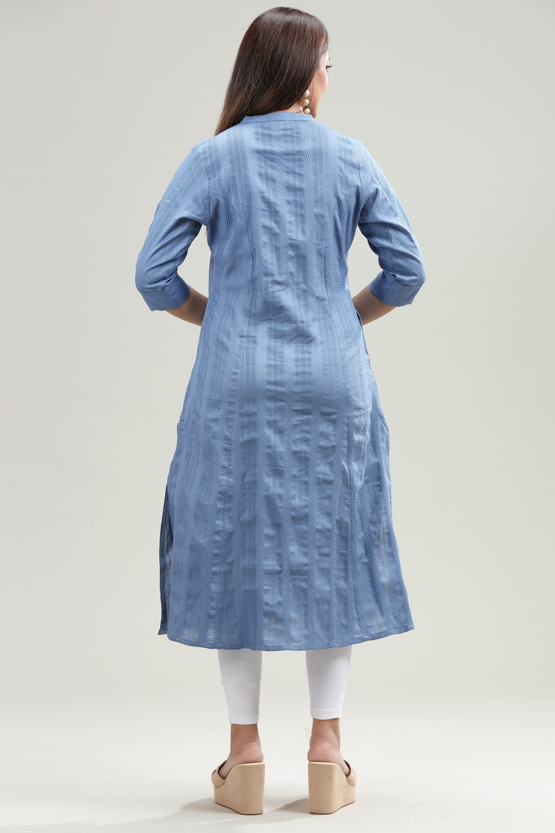 Blue Cotton A line Solid Kurta