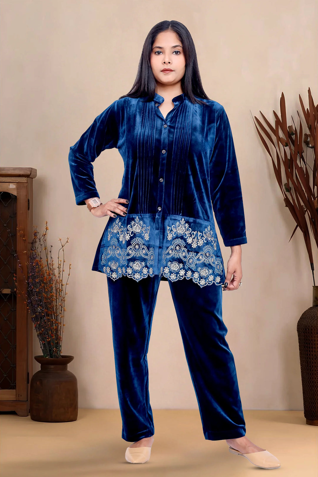 Navy Blue Velvet Straight Embroidered Kurta Pant Co ord Set