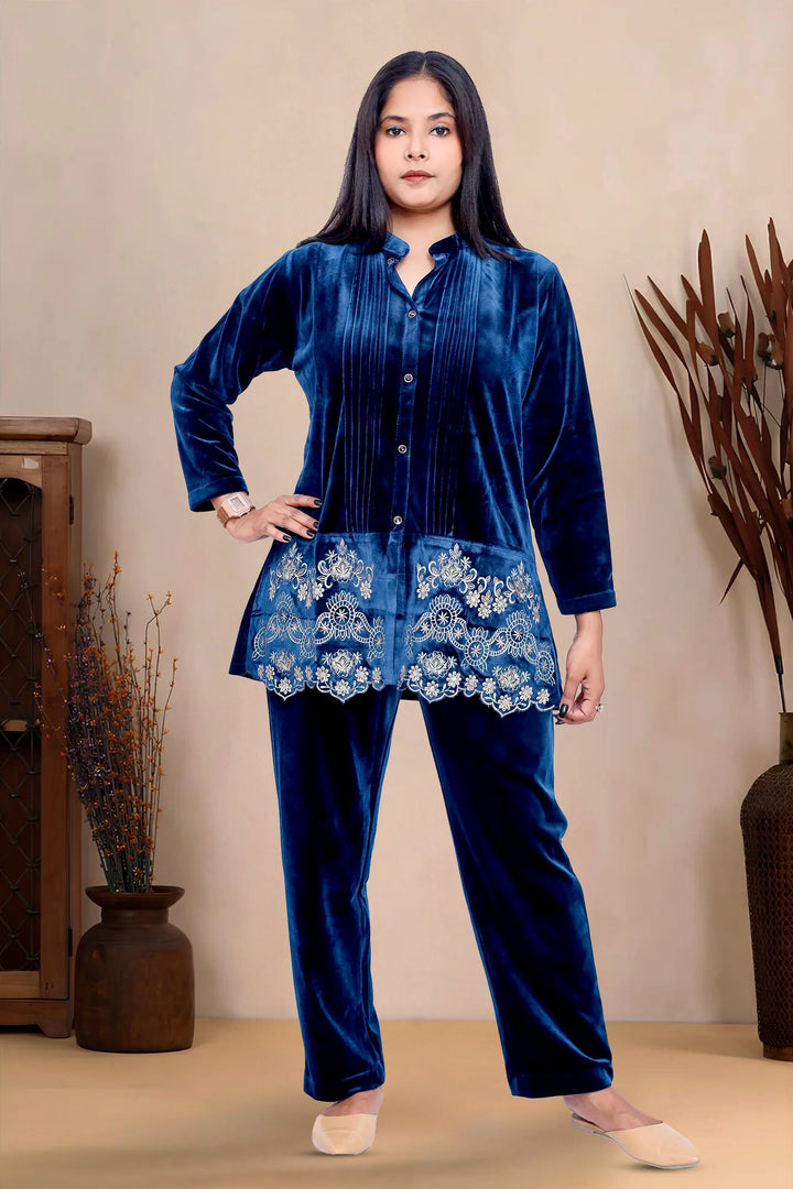 Navy Blue Velvet Straight Embroidered Kurta Pant Co ord Set