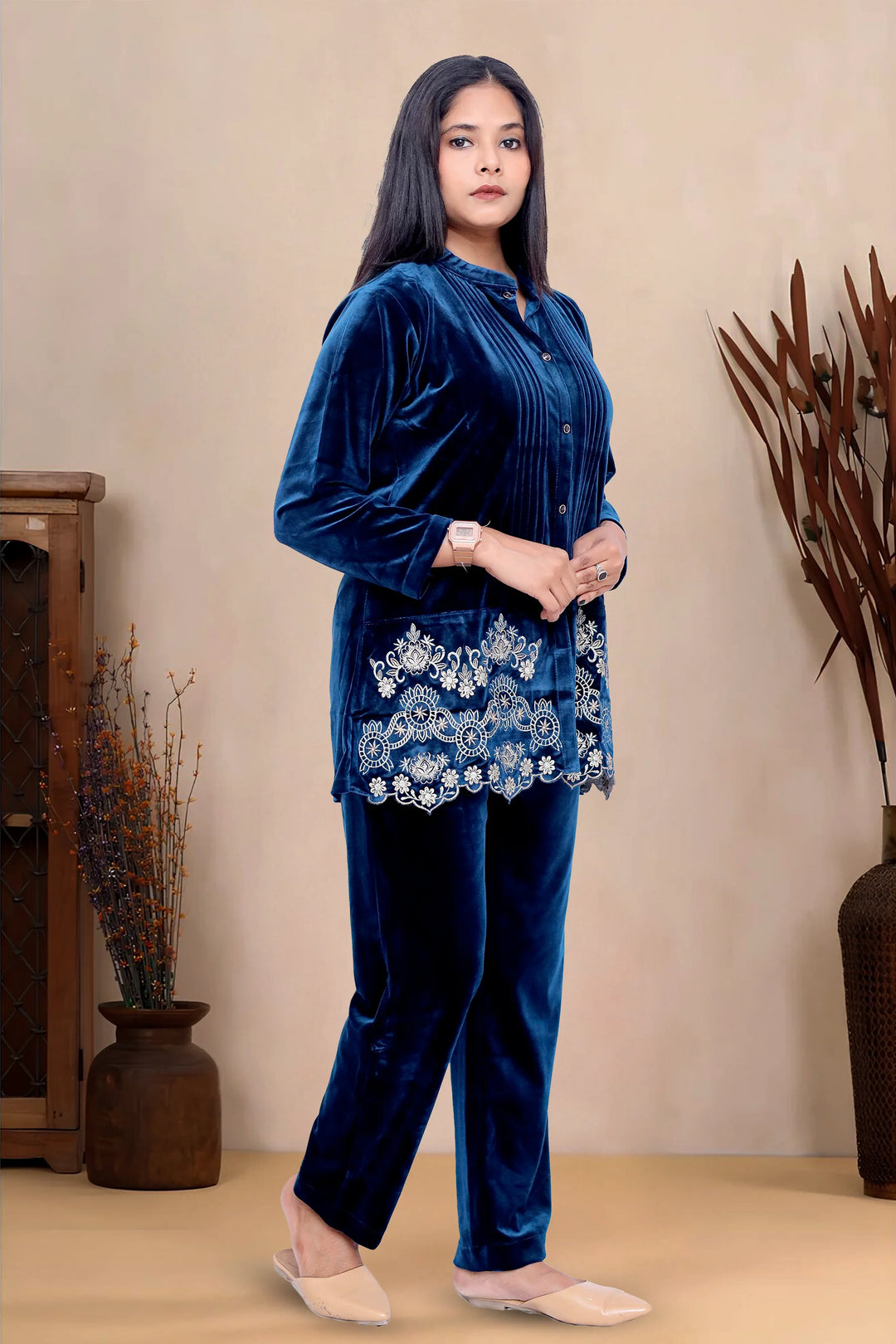 Navy Blue Velvet Straight Embroidered Kurta Pant Co ord Set