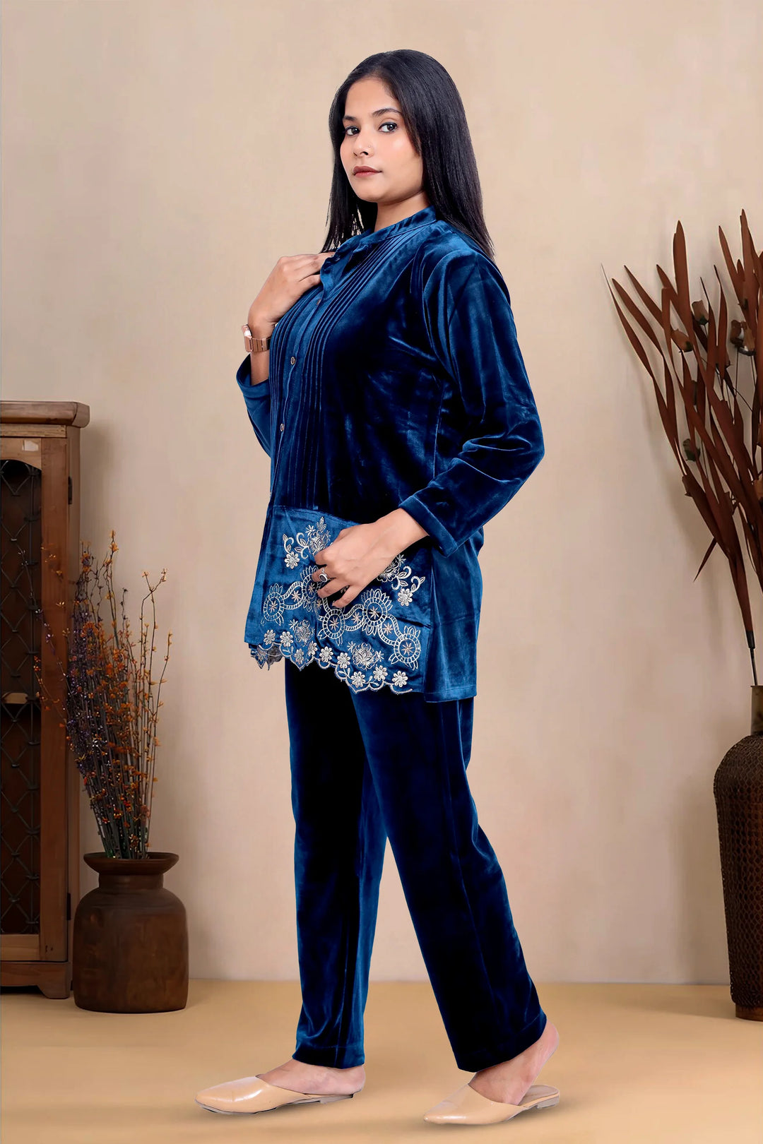 Navy Blue Velvet Straight Embroidered Kurta Pant Co ord Set