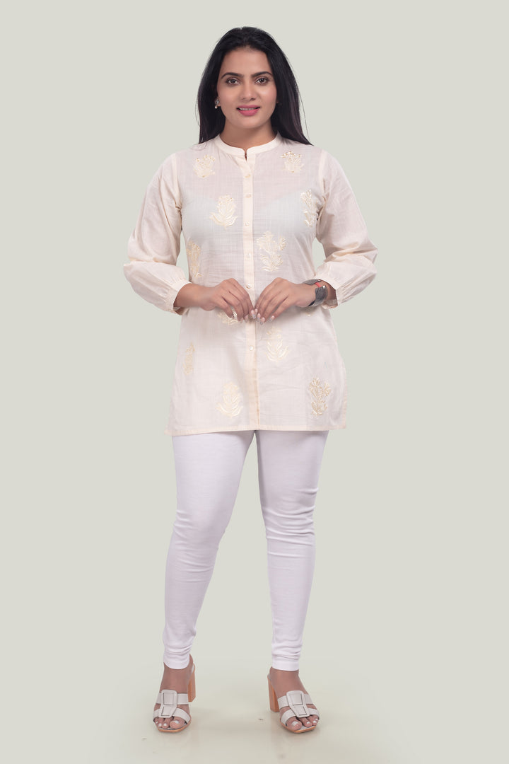 Cream Cotton Straight Embroidered Short Kurta