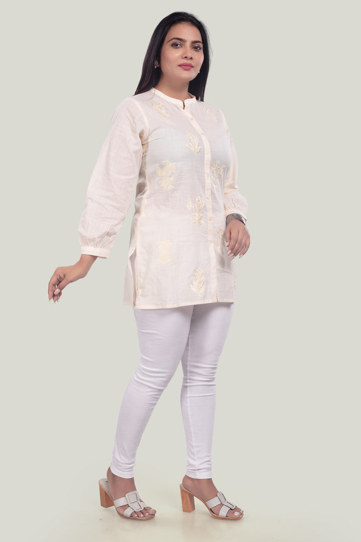 Cream Cotton Straight Embroidered Short Kurta