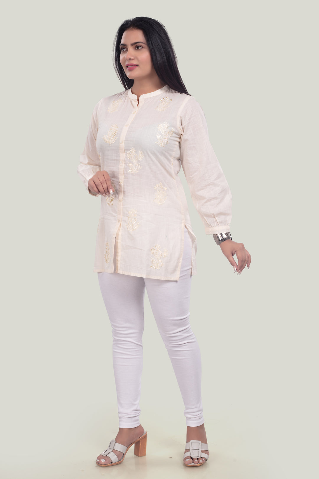 Cream Cotton Straight Embroidered Short Kurta