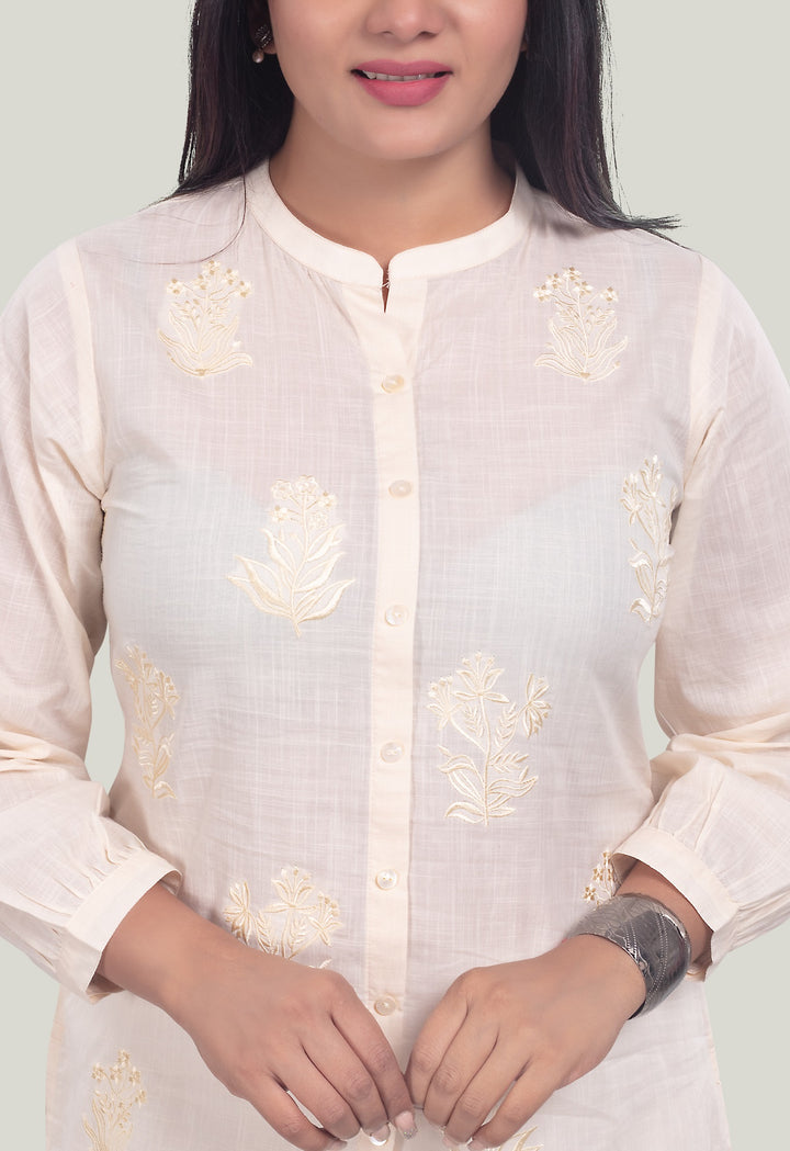 Cream Cotton Straight Embroidered Short Kurta