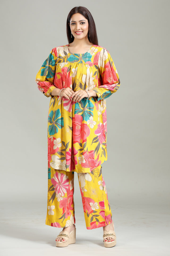 Yellow Rayon Gathered Printed Kurta Pant Co ord Set