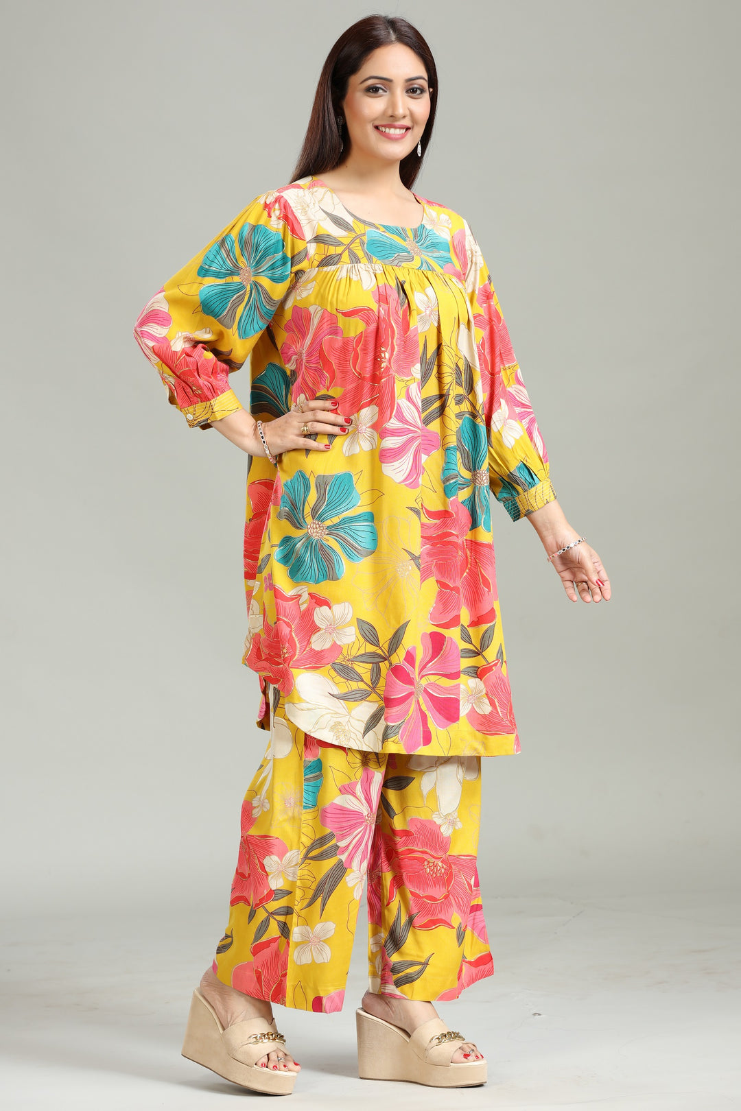 Yellow Rayon Gathered Printed Kurta Pant Co ord Set