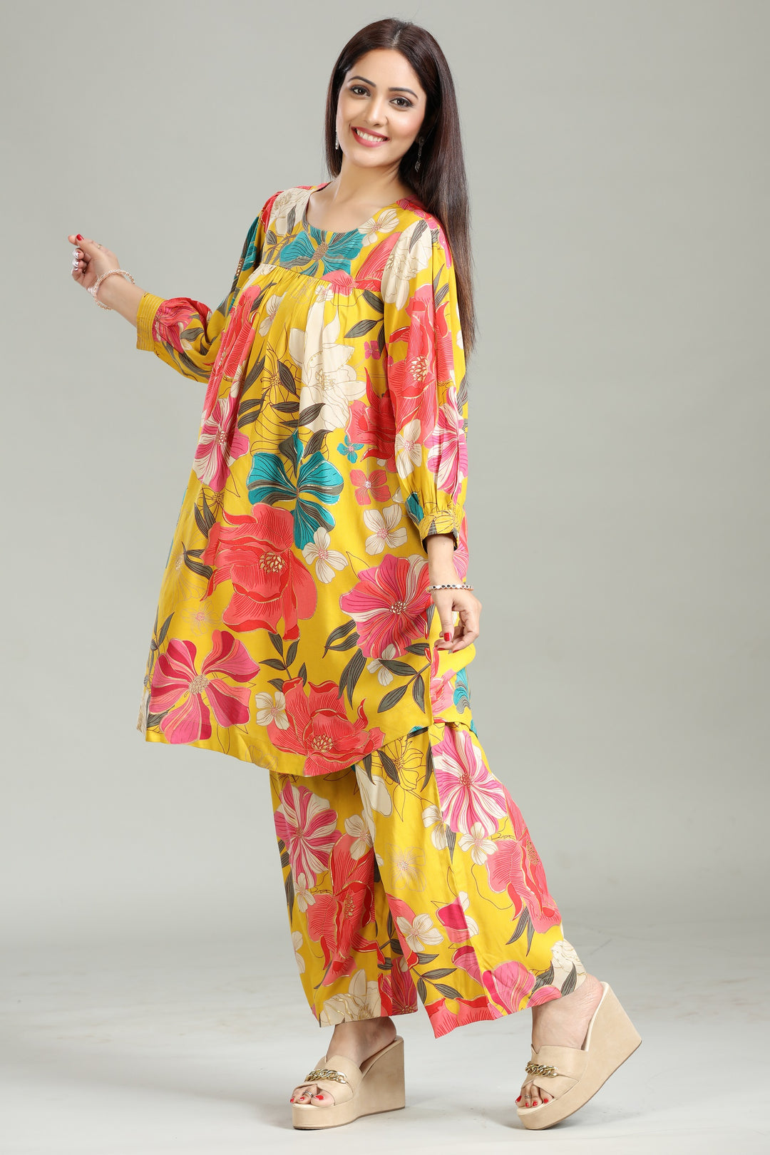 Yellow Rayon Gathered Printed Kurta Pant Co ord Set