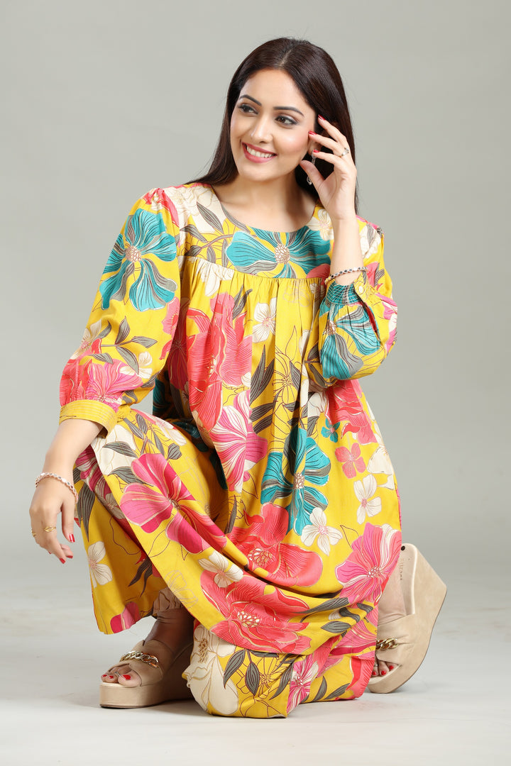 Yellow Rayon Gathered Printed Kurta Pant Co ord Set