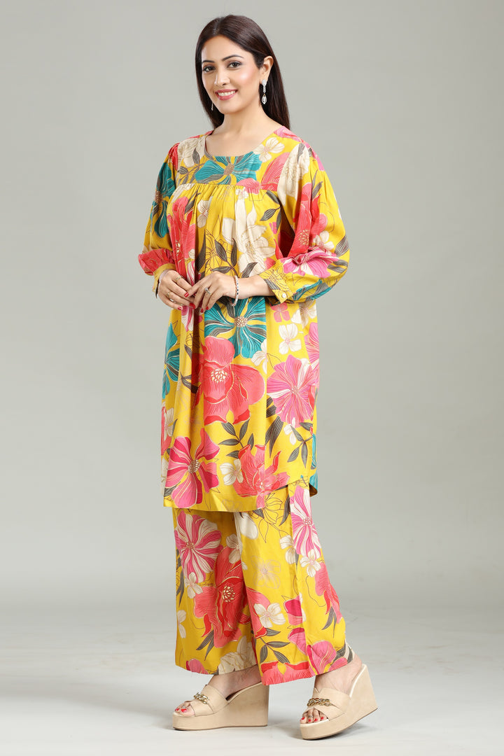 Yellow Rayon Gathered Printed Kurta Pant Co ord Set