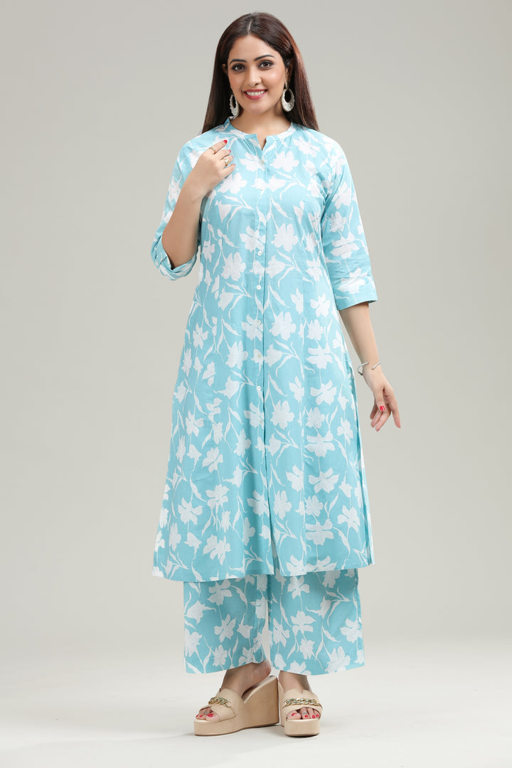 Sky Blue Jaipuri Cotton A Line Printed Kurta