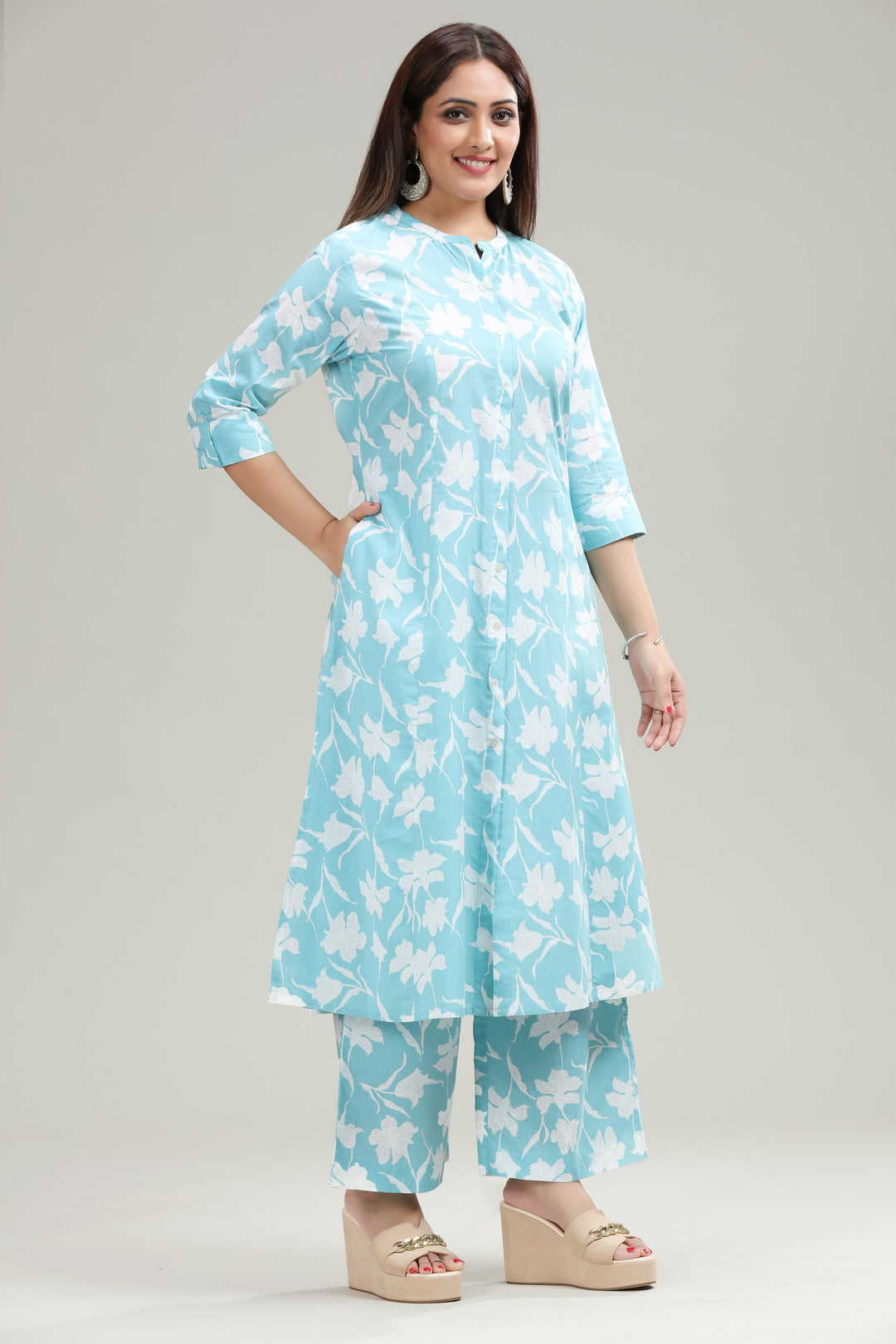 Sky Blue Jaipuri Cotton A Line Printed Kurta