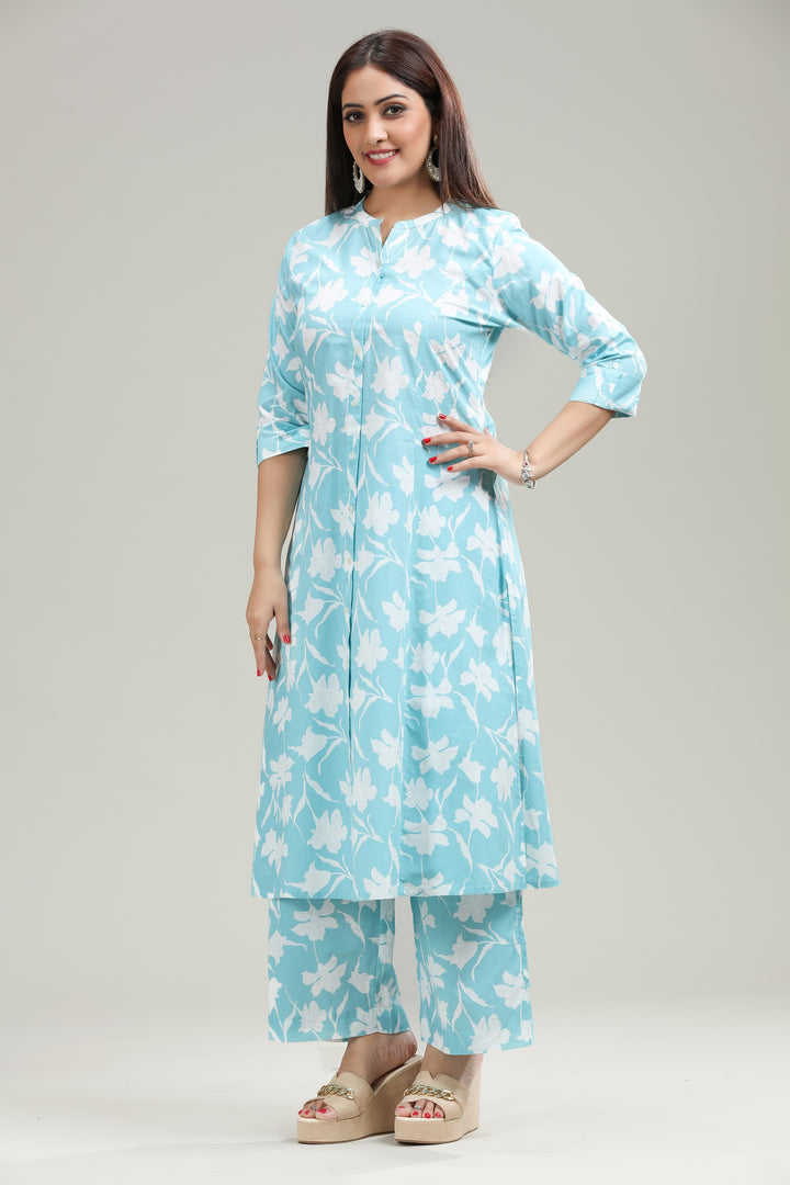 Sky Blue Jaipuri Cotton A Line Printed Kurta