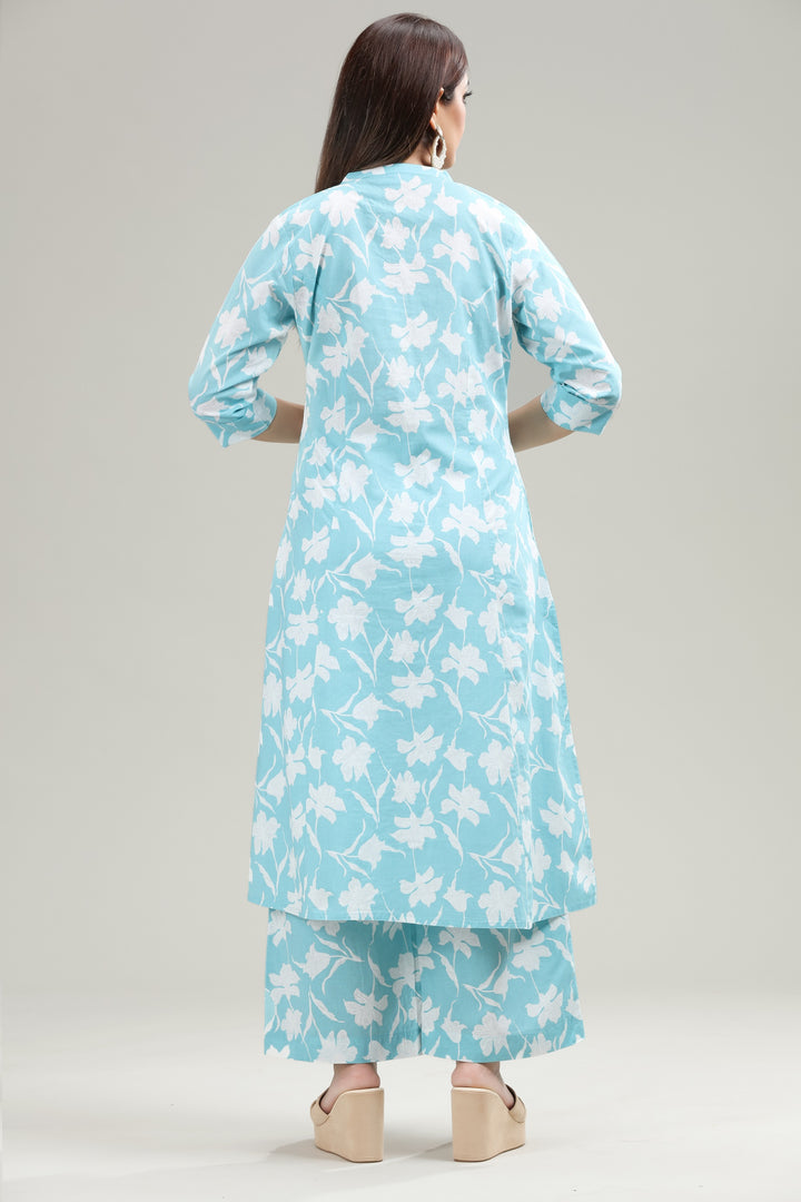 Sky Blue Jaipuri Cotton A Line Printed Kurta